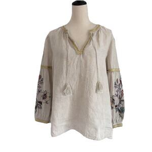 Chico's Embroidered Peasant Blouse Top Womens 14 Tan 100% Linen Pull Over Boho